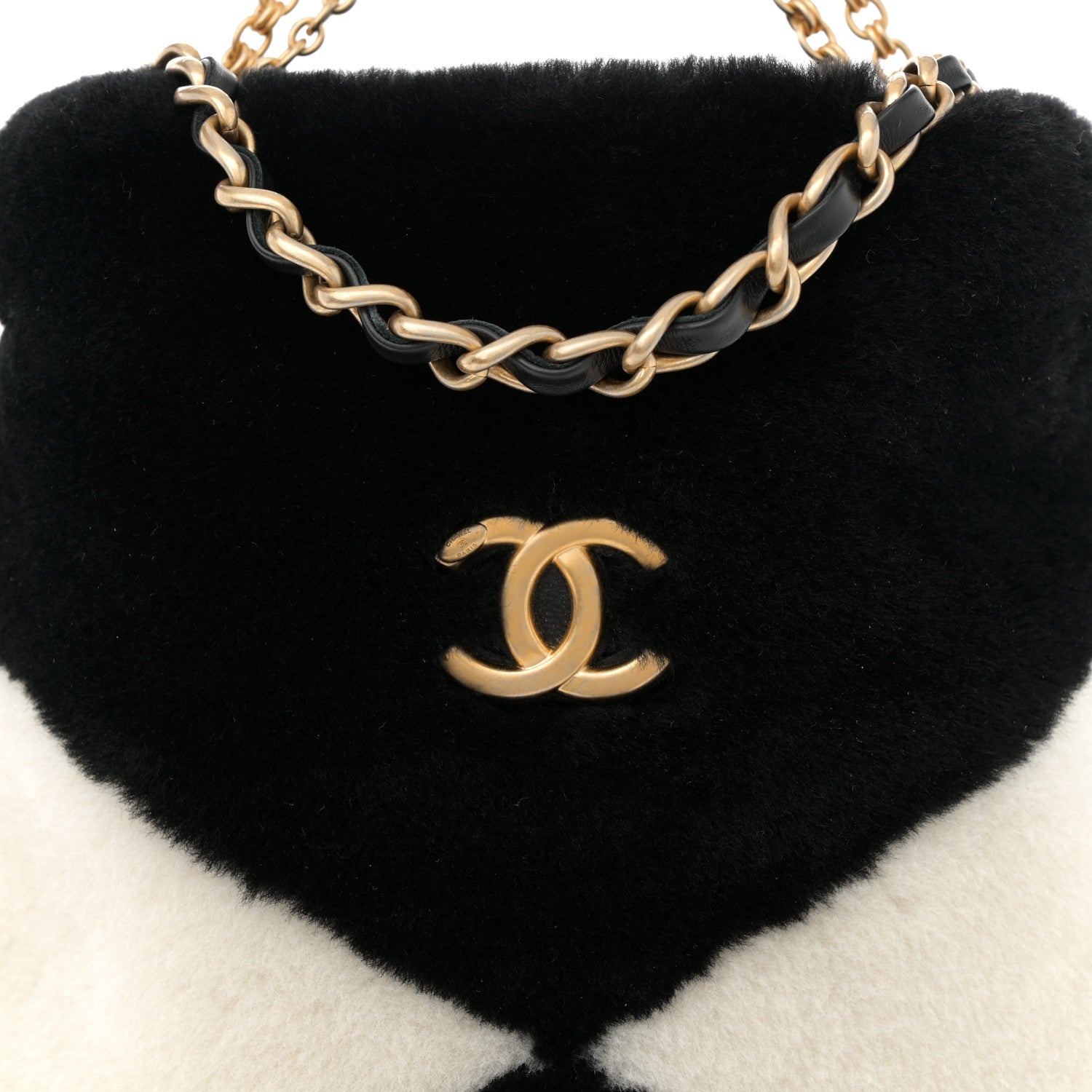 Chanel Shearling Checkered Drawstring Bag White Black 8 of 10