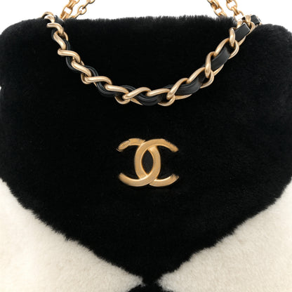 Chanel Shearling Checkered Drawstring Bag White Black 8 of 10