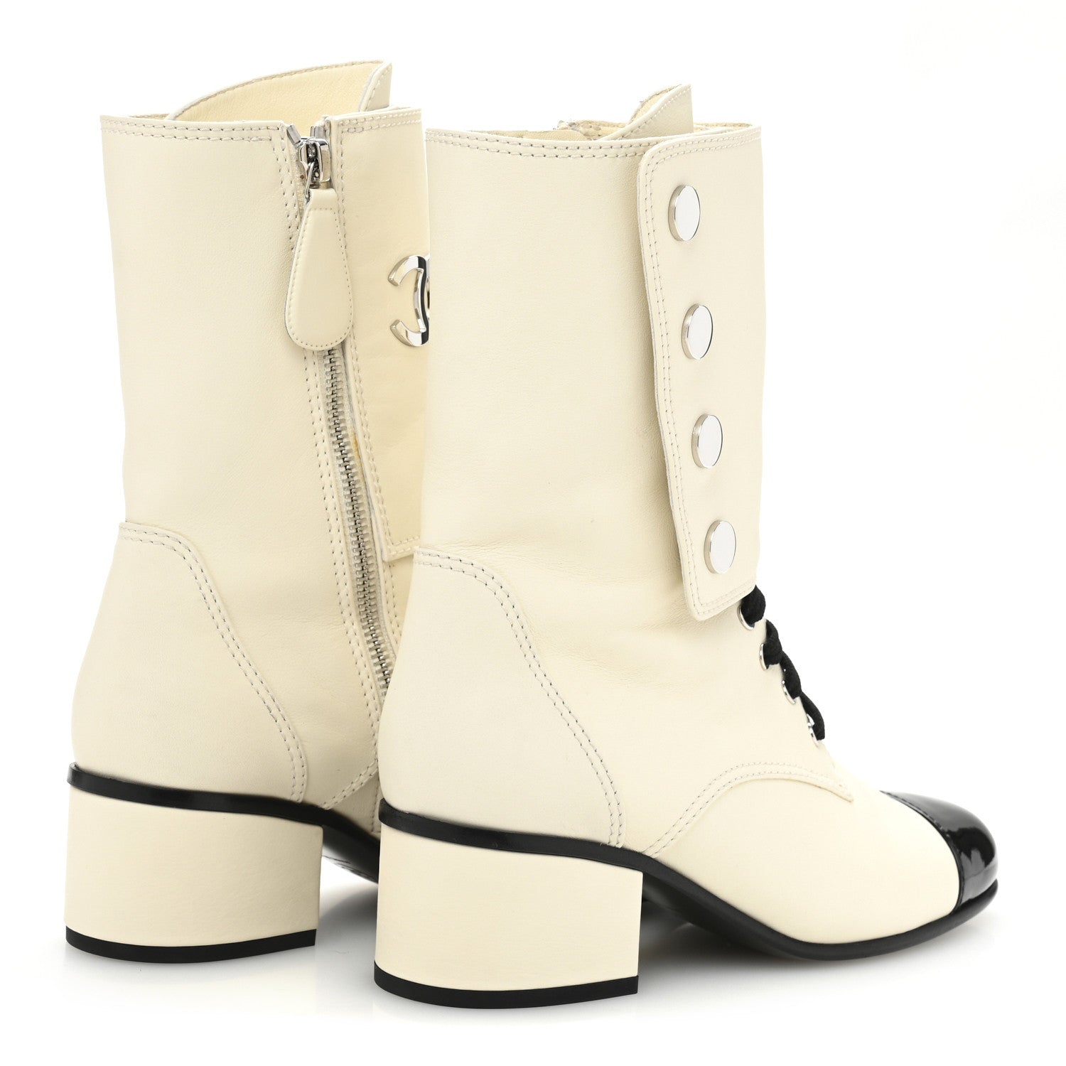 Chanel Calfskin Patent Cap Toe CC Lace Up Boots 38 Ivory Black 5 of 12