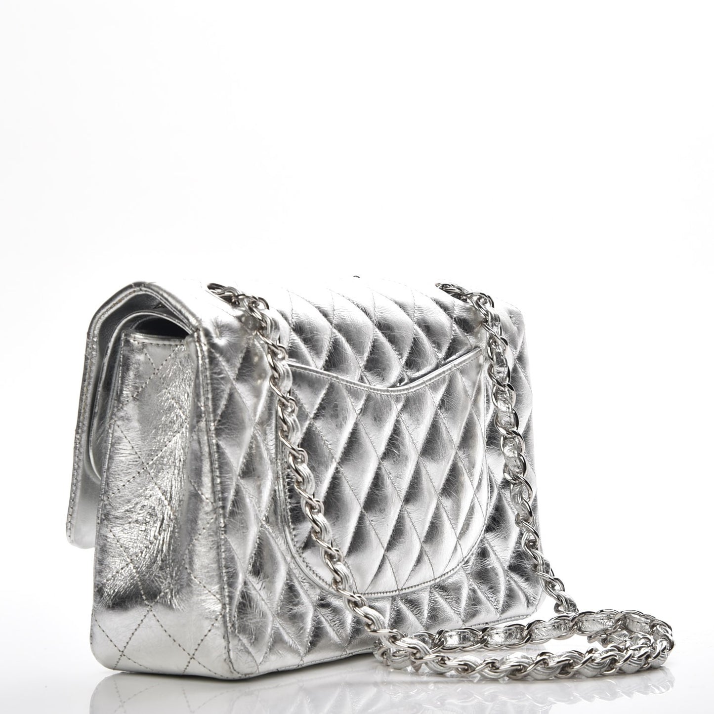 Metallic Aged Calfskin Quilted Medium Double Flap Silver