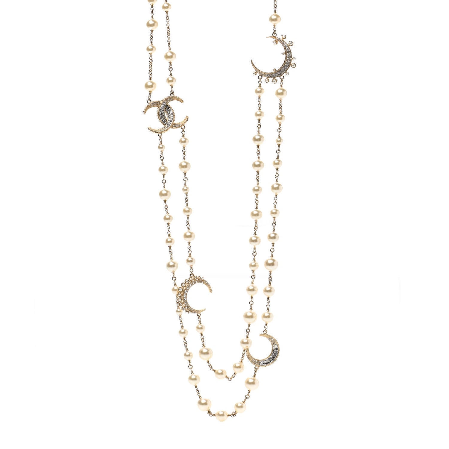 Chanel Pearl Baguette Crystal CC Moon Long Necklace Silver 1 of 5