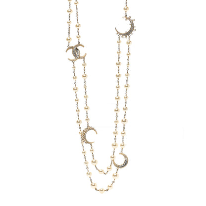 Chanel Pearl Baguette Crystal CC Moon Long Necklace Silver 1 of 5