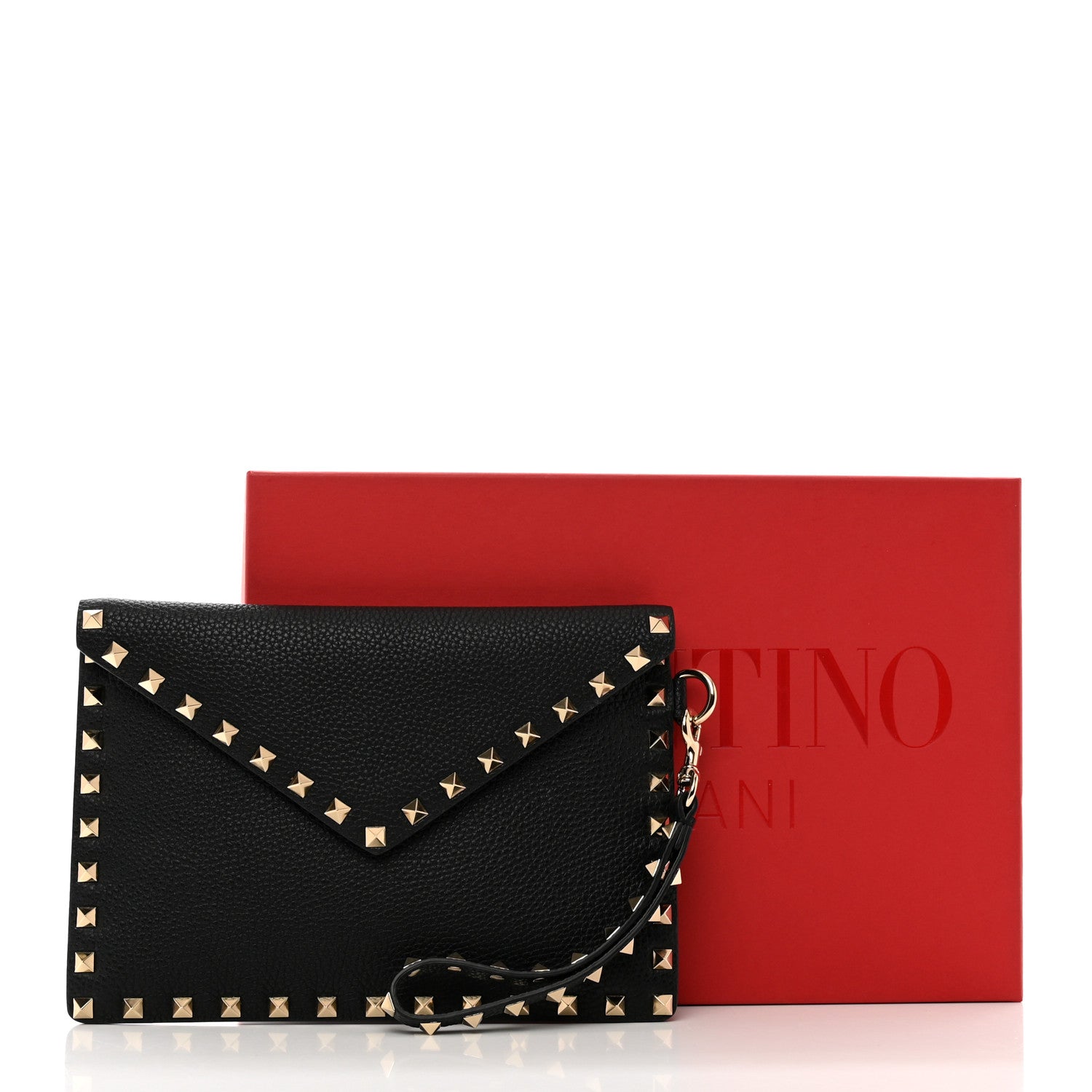 Valentino Garavani Pebbled Calfskin Medium Rockstud Envelope Flat Wristlet Pouch Black 8 of 8