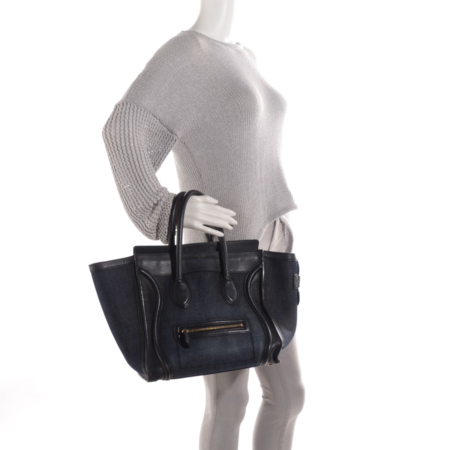 Calfskin Denim Mini Luggage Black Navy