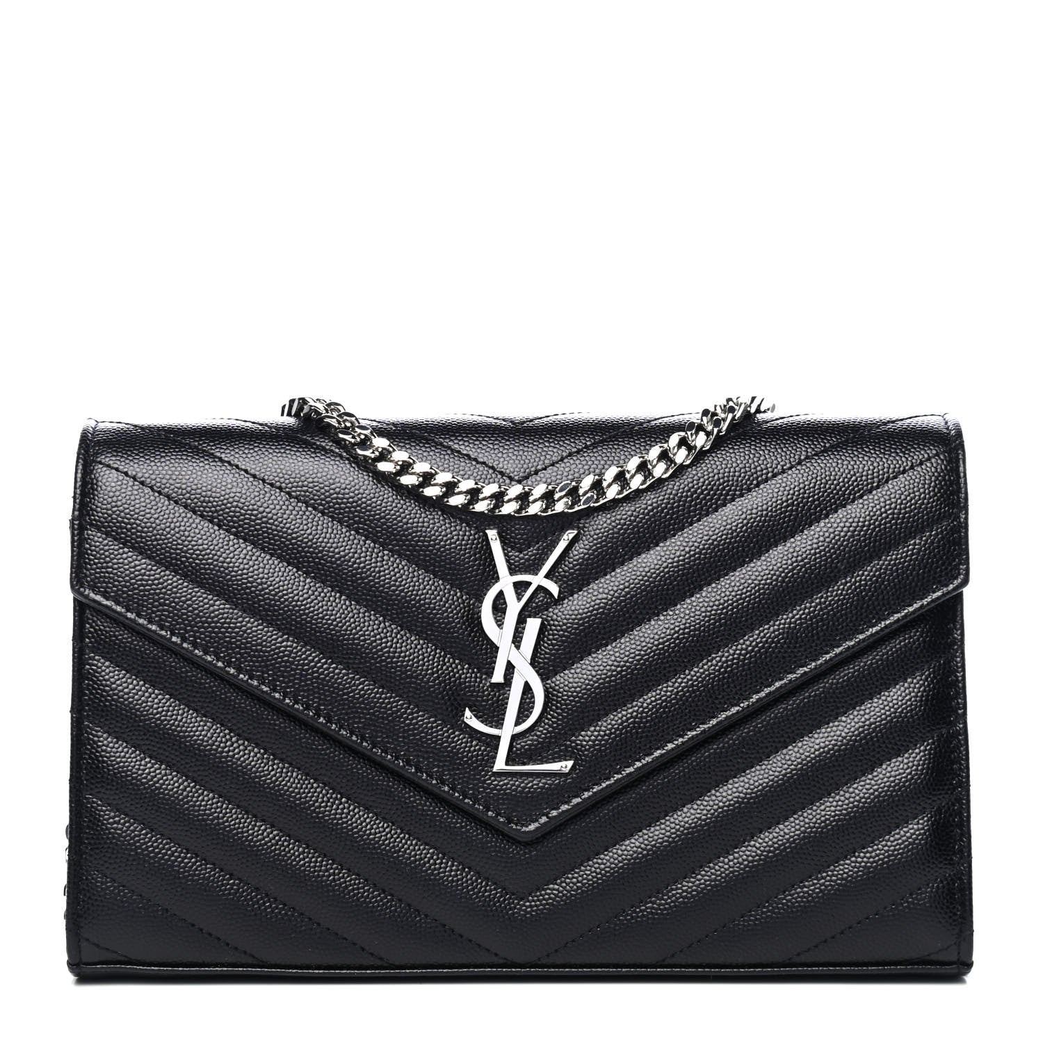 Saint Laurent Grain De Poudre Matelasse Chevron Monogram Chain Wallet Black 1 of 4