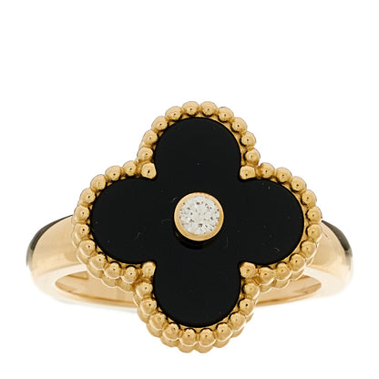 Van Cleef & Arpels 18K Yellow Gold Black Onyx Diamond Vintage Alhambra Ring 51 5.75 1 of 5