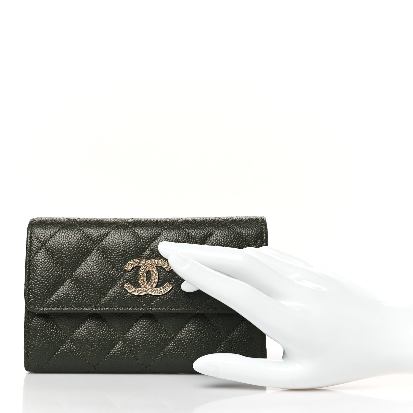 Caviar Quilted Multi Chain CC Medium Tri-Fold Flap Wallet Khaki