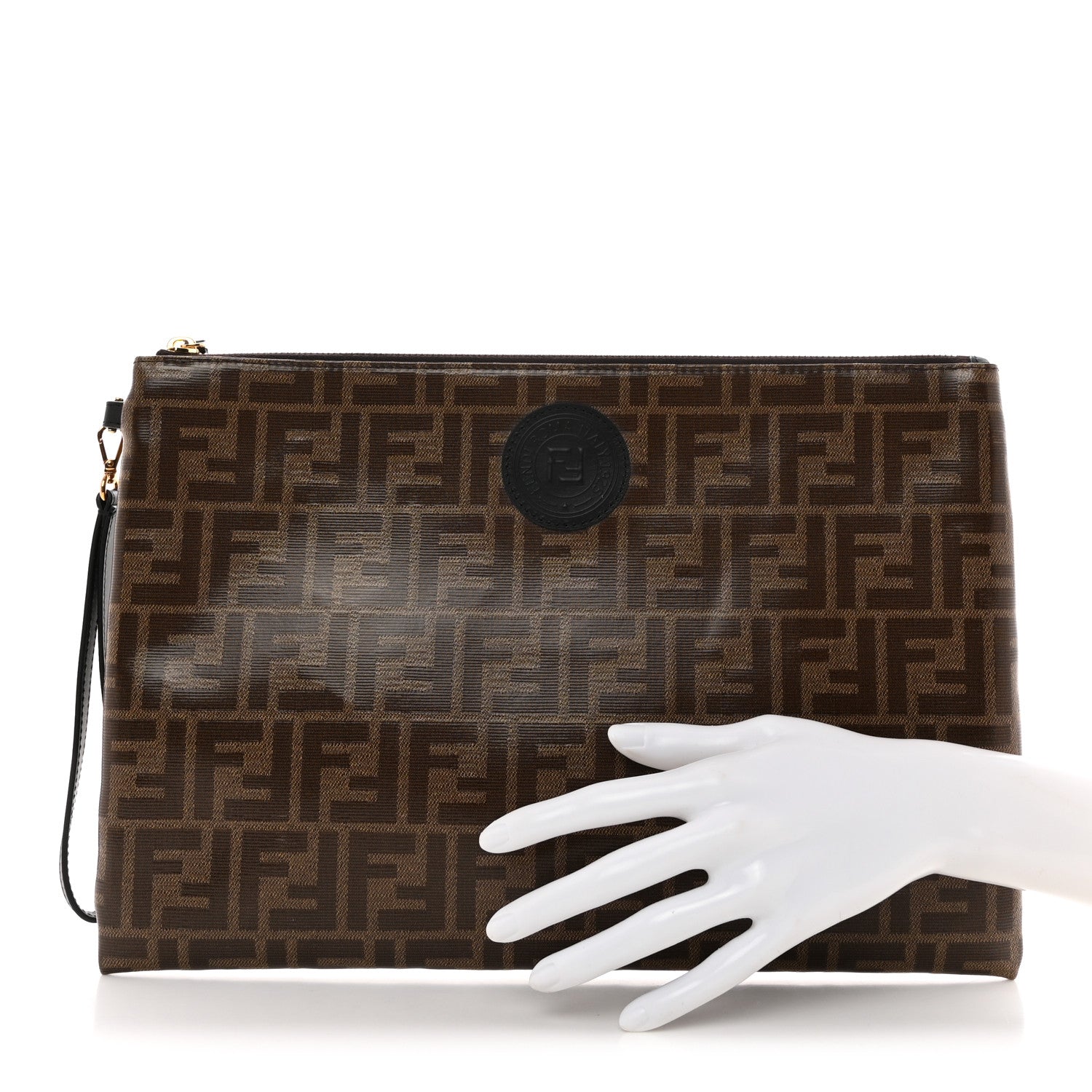 Fendi Glazed Fabric Vitello Century FF 1974 Stamp Patch Large Flat Pouch Mogano Panna Black 2 of 8