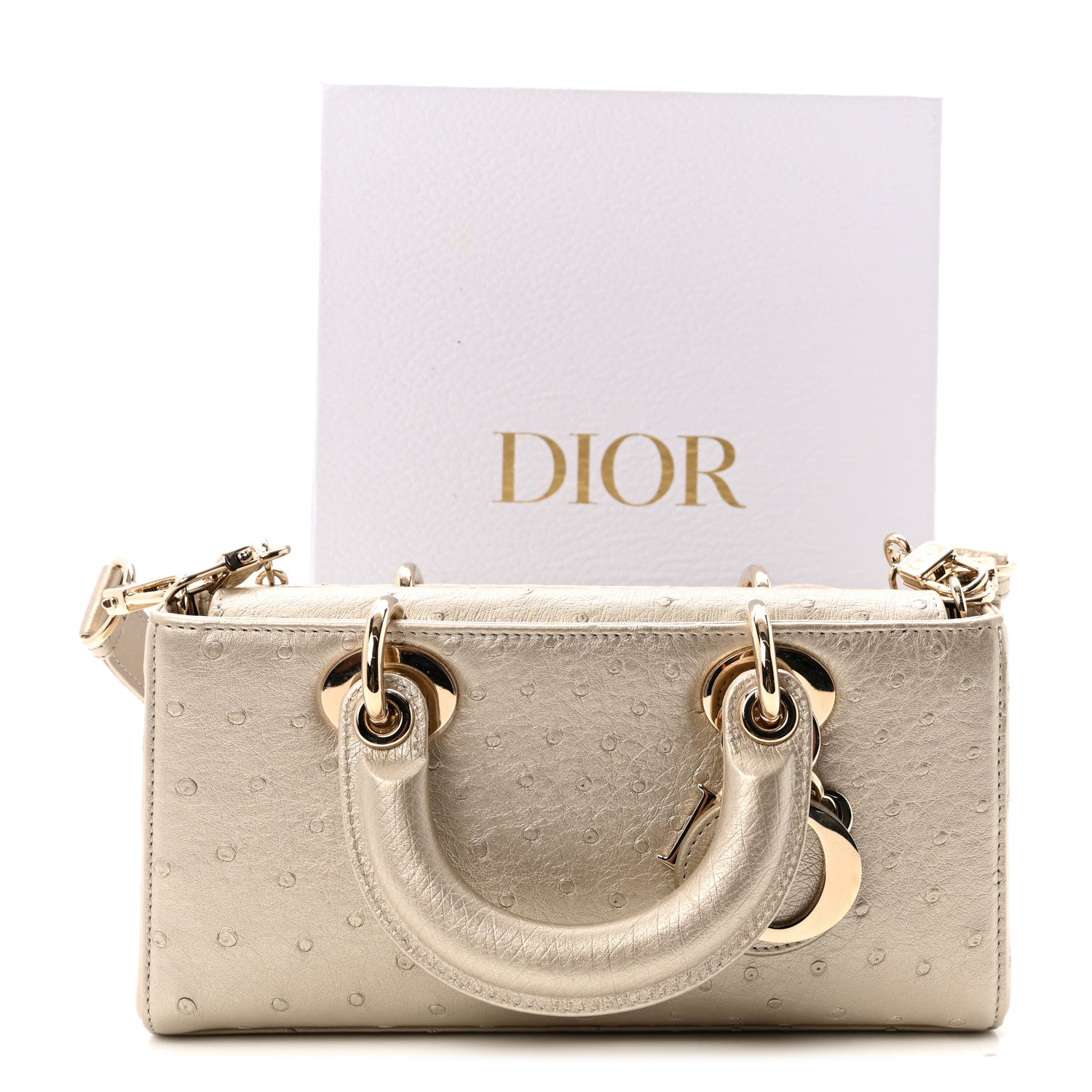 Christian Dior Metallic Ostrich Small Lady D-Joy Champagne 10 of 10