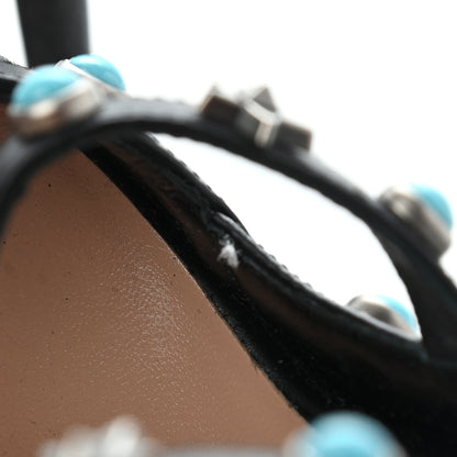 Valentino Garavani Pebbled Calfskin Stars Turquoise Rockstud Rolling Ankle Strap 100mm Pumps 37.5 Black 10 of 10