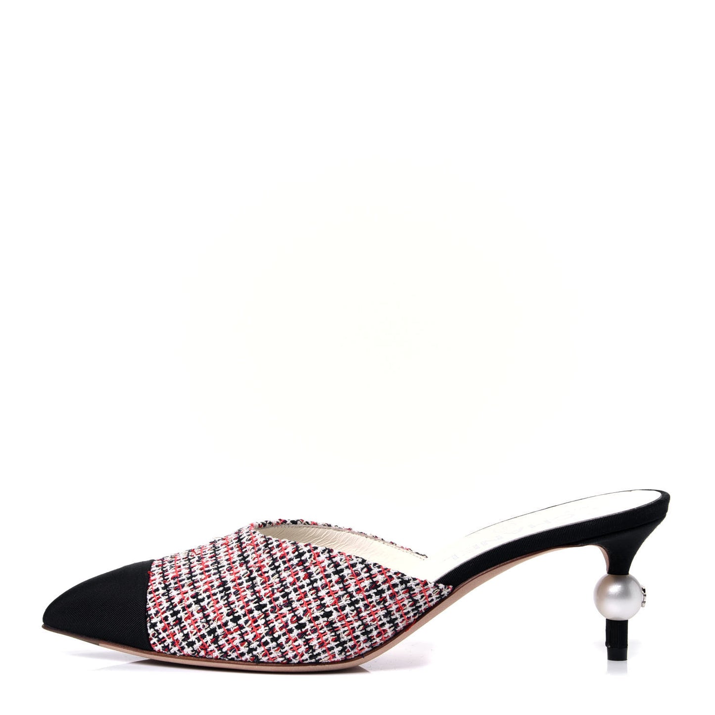 Tweed Grosgrain Pearl Cap Toe Mules 37 Black Red