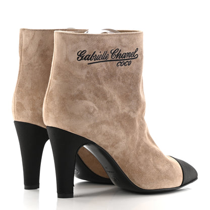 Chanel Suede Calfskin Satin Gabrielle Cap Toe Short Boots 37 Beige Black 4 of 12