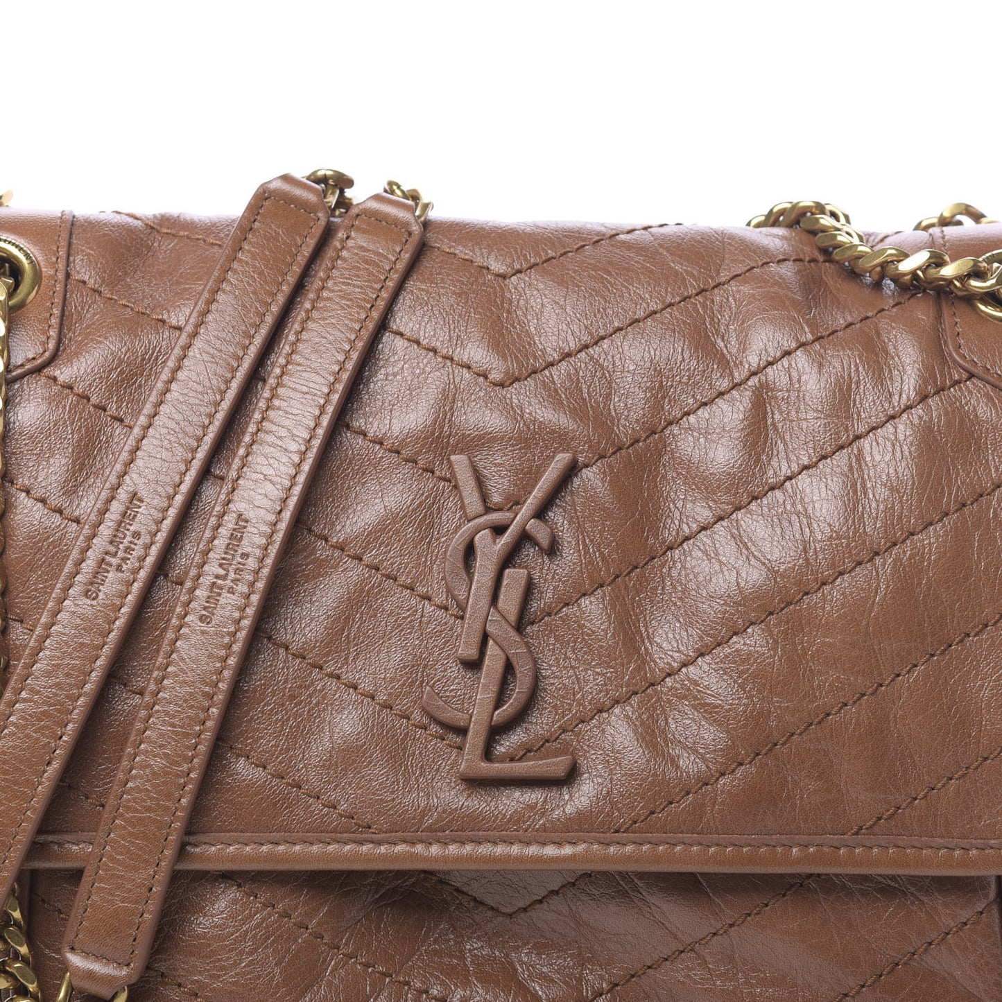 Crinkled Calfskin Matelasse Monogram Medium Niki Chain Satchel Caramel