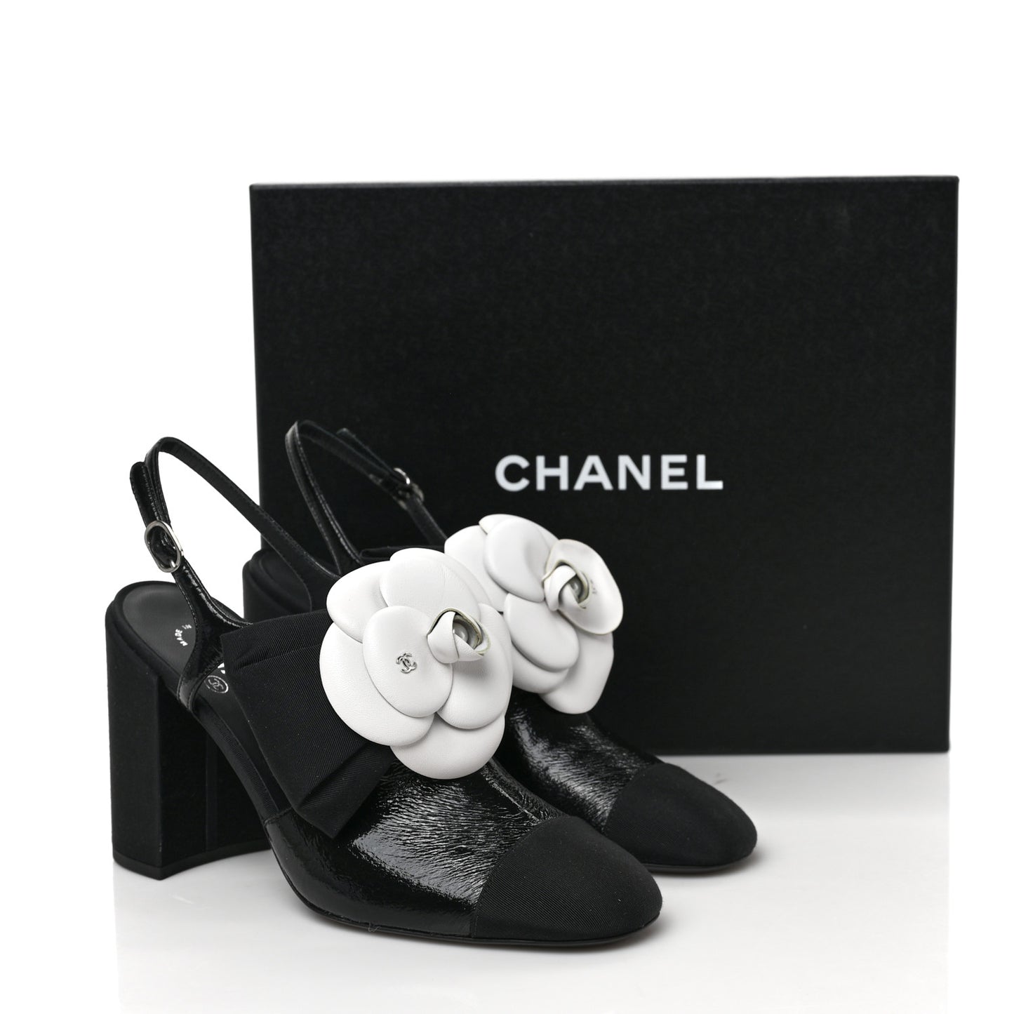 Crumpled Shiny Fabric Grosgrain Cap Toe Camellia Bow Slingback Pumps 39 Black