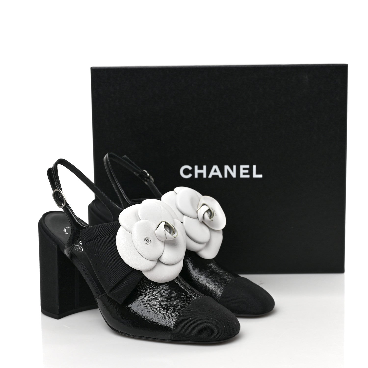 Chanel Crumpled Shiny Fabric Grosgrain Cap Toe Camellia Bow Slingback Pumps 39 Black 8 of 8
