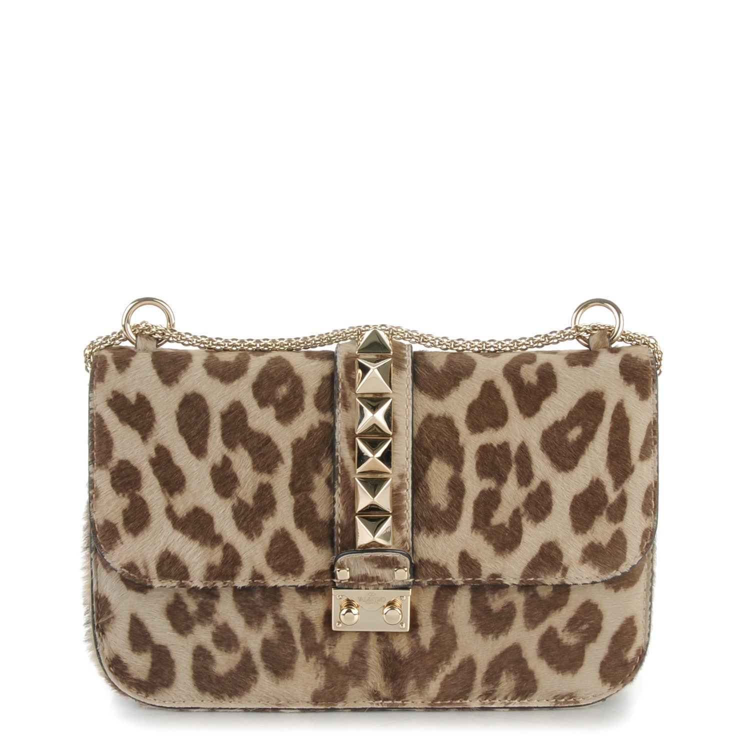 Valentino Garavani Calf Hair Leopard Print Medium Glam Lock Rockstud Flap Blush 1 of 7
