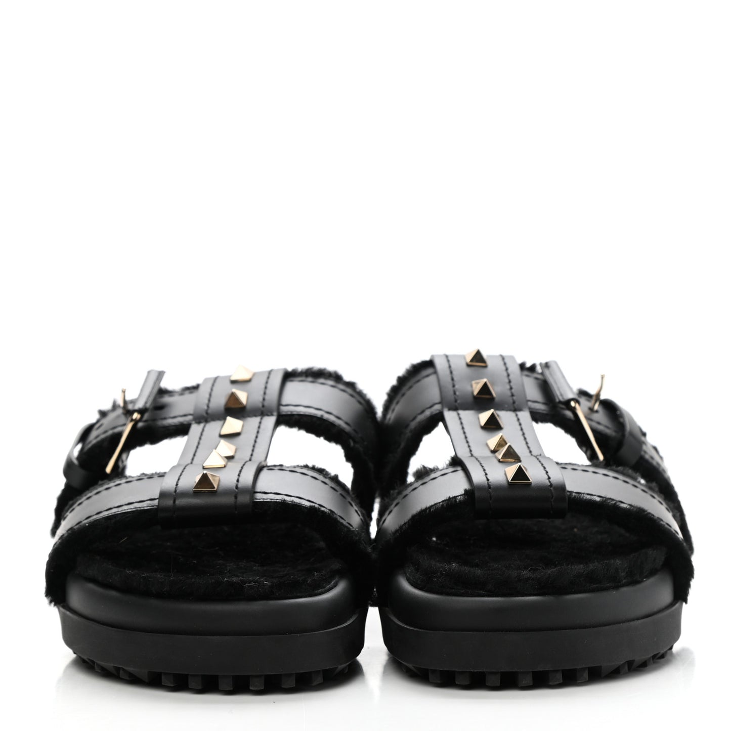 Shearling Rockstud Slide Sandals 38 Black