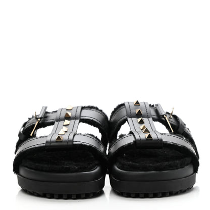 Valentino Garavani Shearling Rockstud Slide Sandals 38 Black 2 of 8