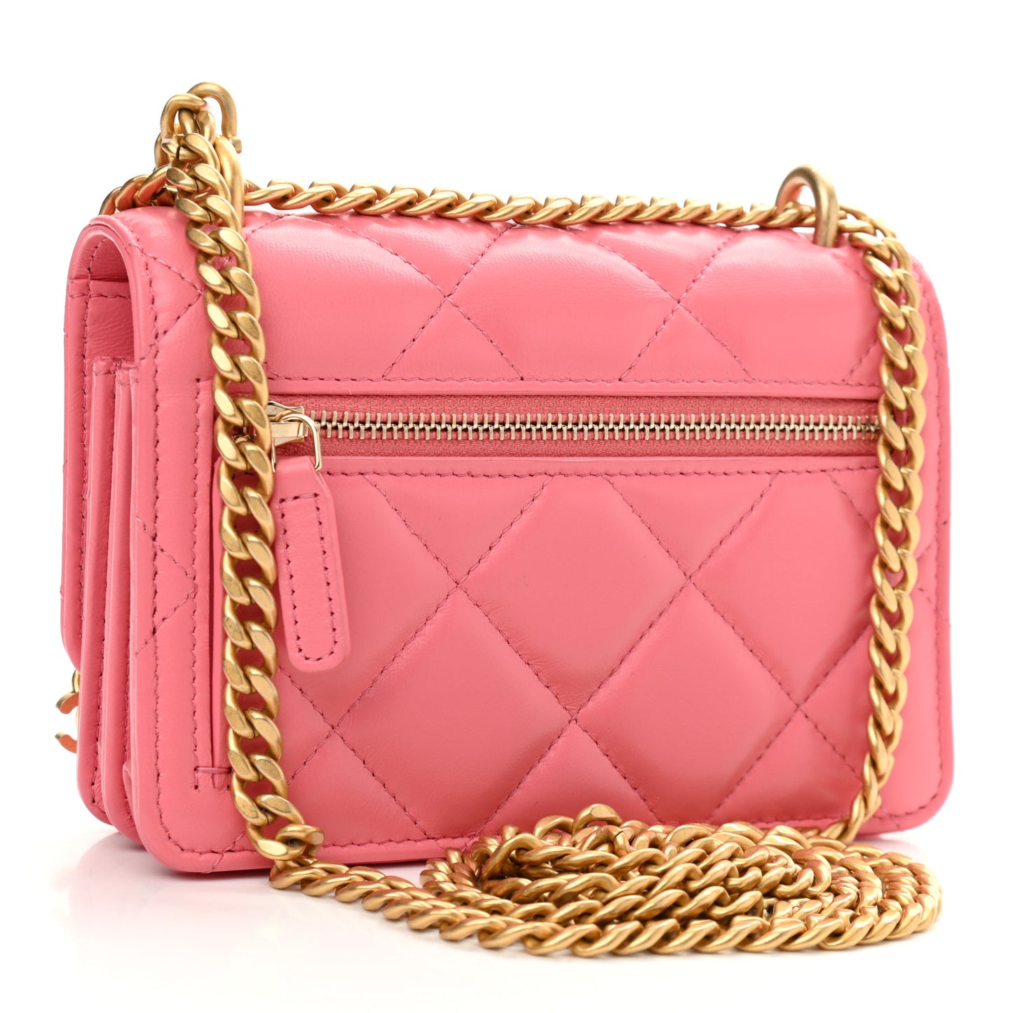 Lambskin Enamel Quilted Pending Clutch With Chain Pink