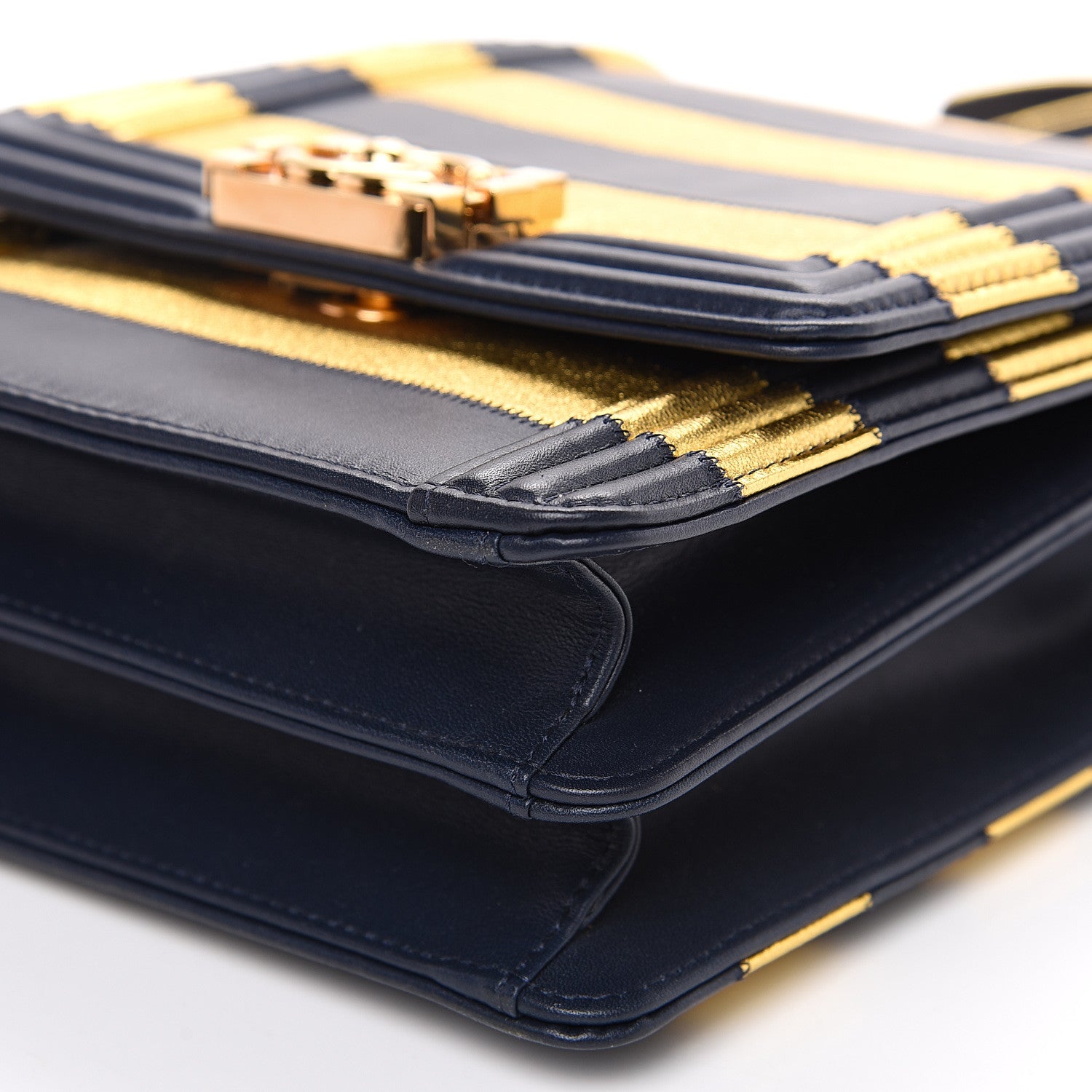 Chanel Metallic Lambskin Striped North South Boy Flap Navy Gold 7 of 7