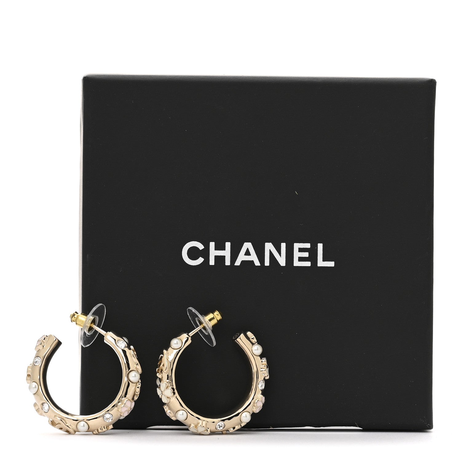 Chanel Pearl Crystal Enamel Camellia CC Hoop Earrings Gold 5 of 5