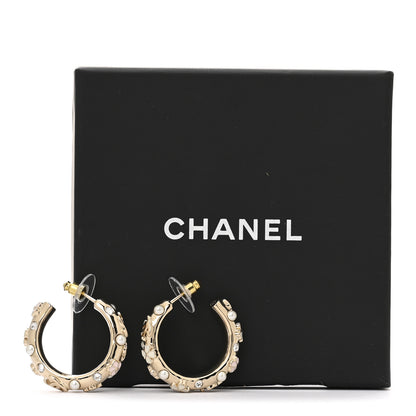 Chanel Pearl Crystal Enamel Camellia CC Hoop Earrings Gold 5 of 5