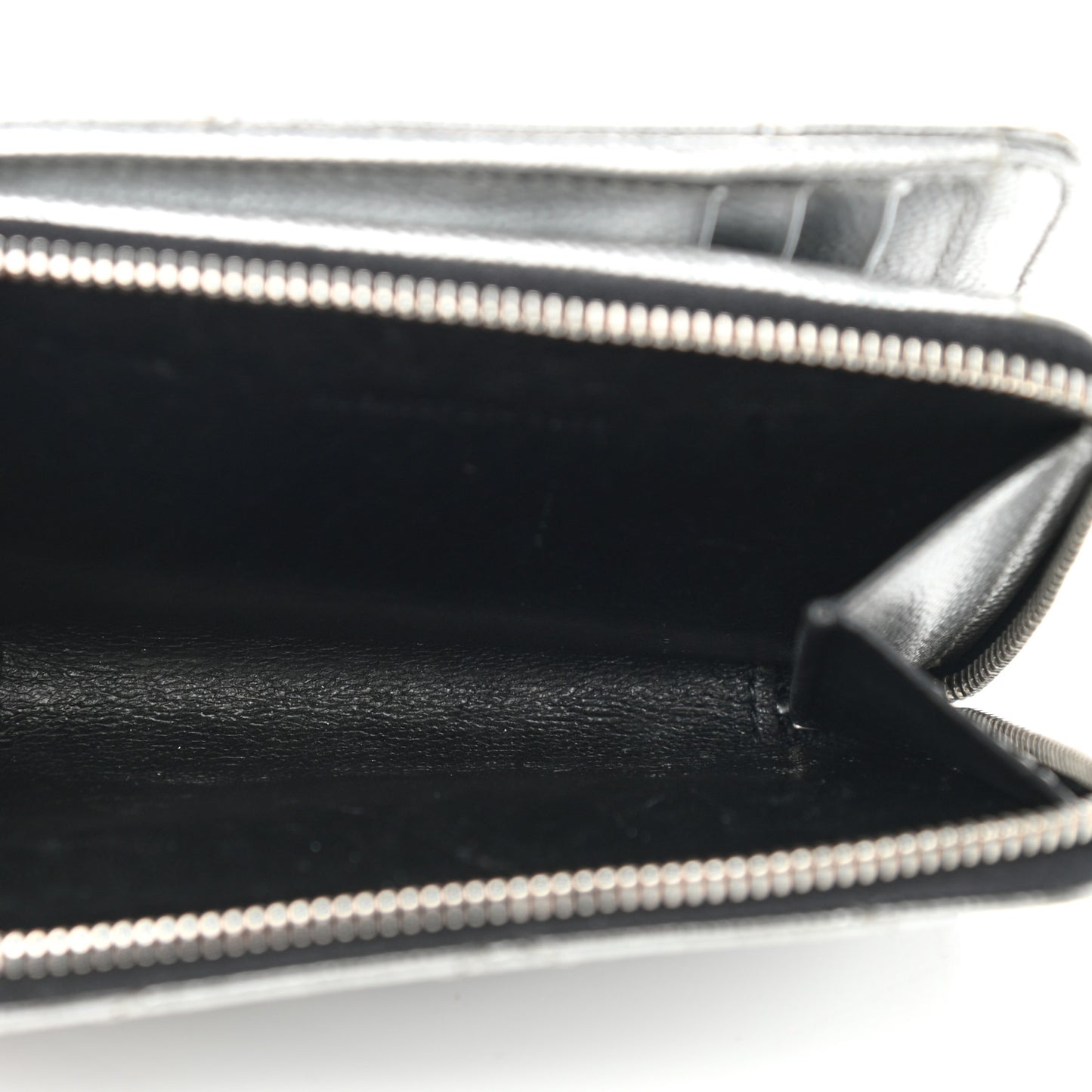 Metallic Grain De Poudre Matelasse Chevron Monogram Compact Zip Around Wallet Silver