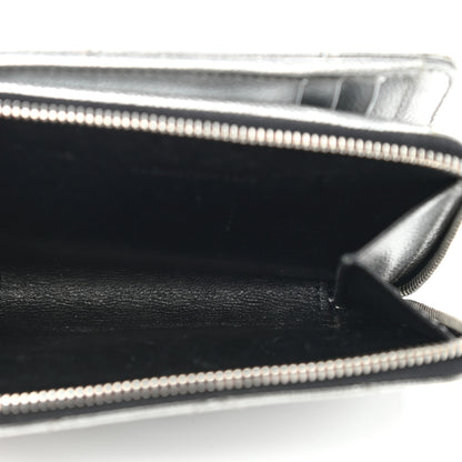 Saint Laurent Metallic Grain De Poudre Matelasse Chevron Monogram Compact Zip Around Wallet Silver 6 of 8