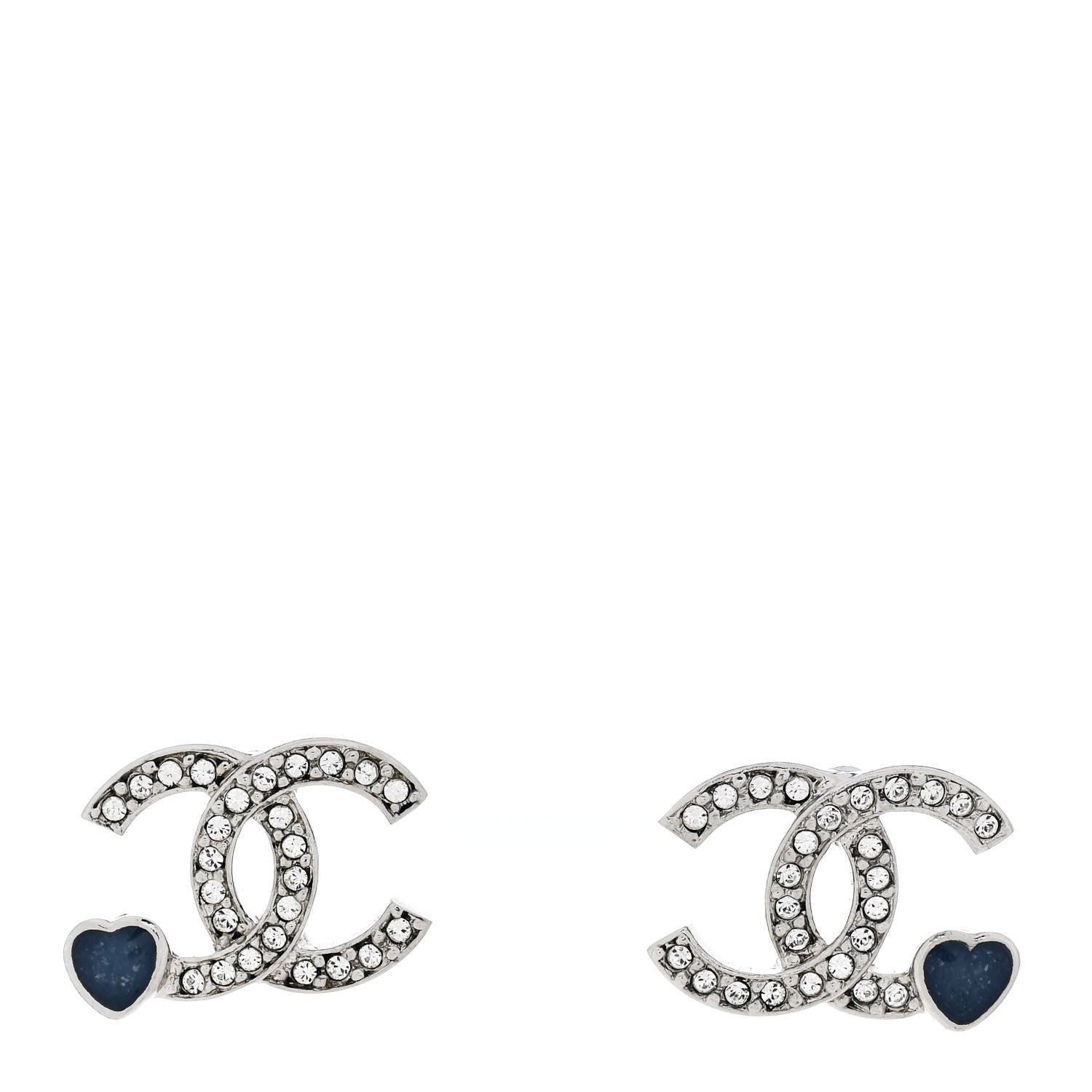 Chanel Metal Crystal Resin CC Heart Earrings Silver Blue 1 of 5