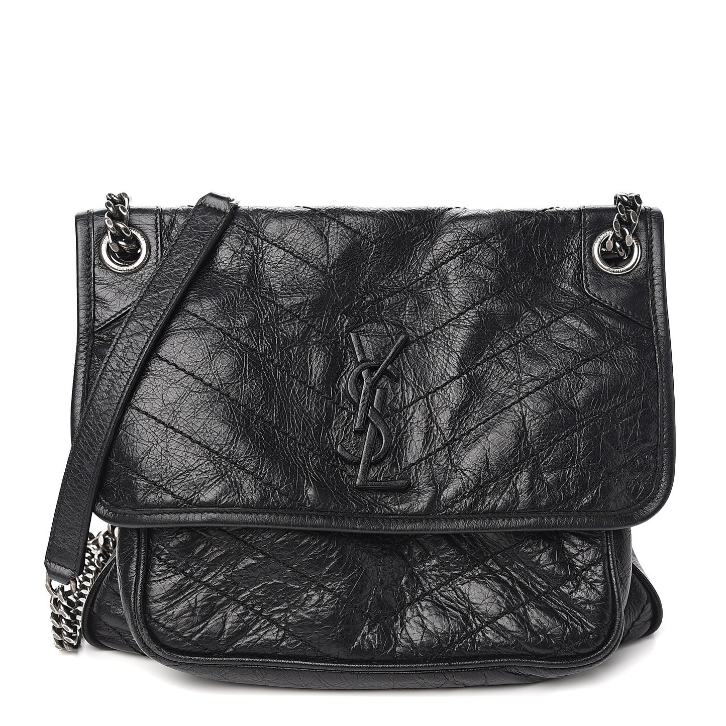 Crinkled Calfskin Matelasse Monogram Medium Niki Chain Satchel Black