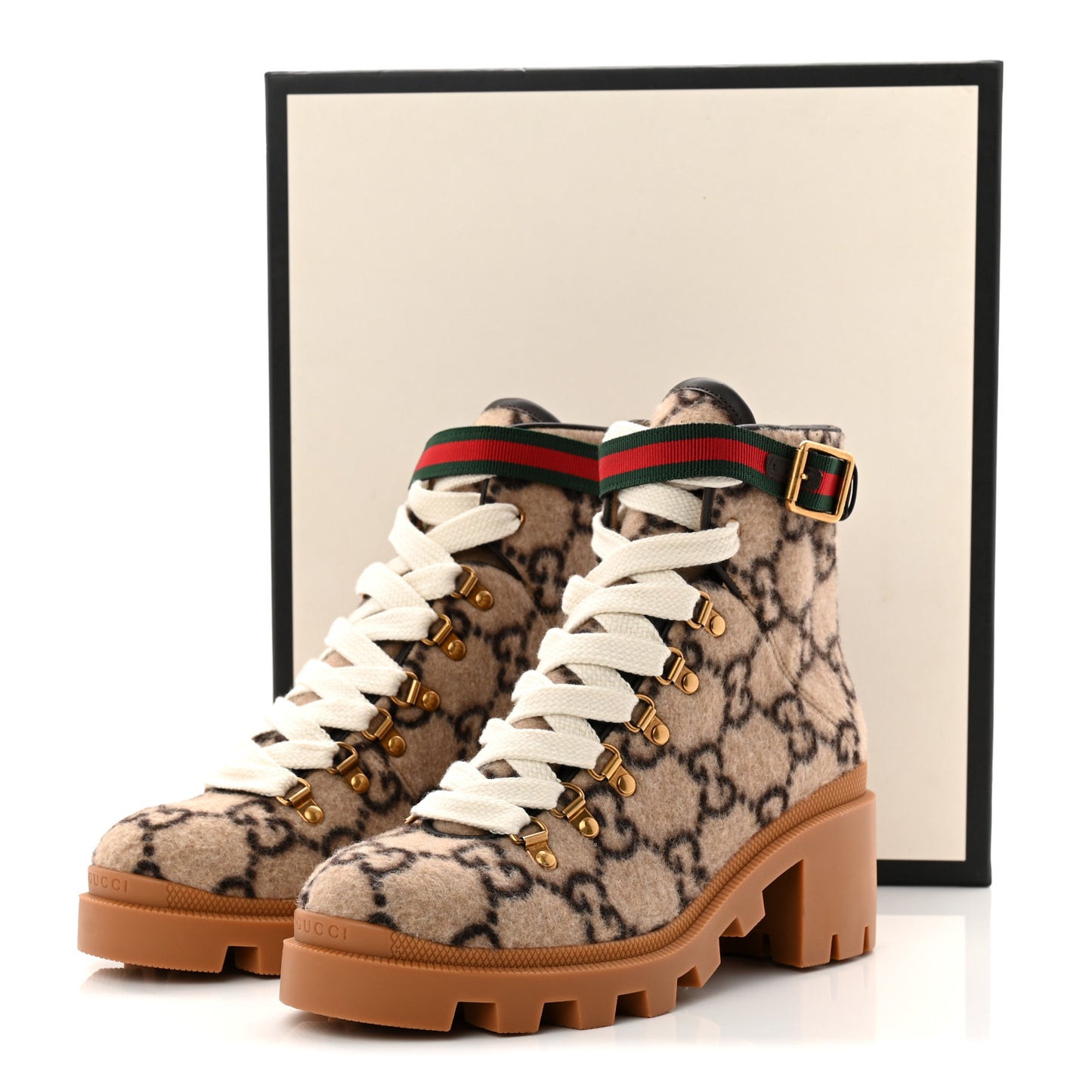 Covered Wool Big GG Monogram Womens Lace Up Combat Ankle Boots 39 Beige Ebony Cocoa