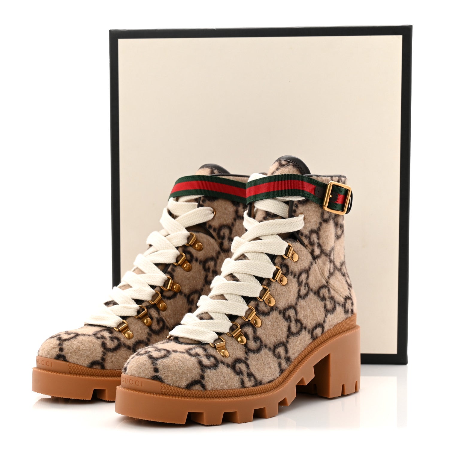 Gucci Covered Wool Big GG Monogram Womens Lace Up Combat Ankle Boots 39 Beige Ebony Cocoa 10 of 10
