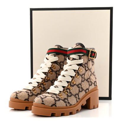 Gucci Covered Wool Big GG Monogram Womens Lace Up Combat Ankle Boots 39 Beige Ebony Cocoa 10 of 10