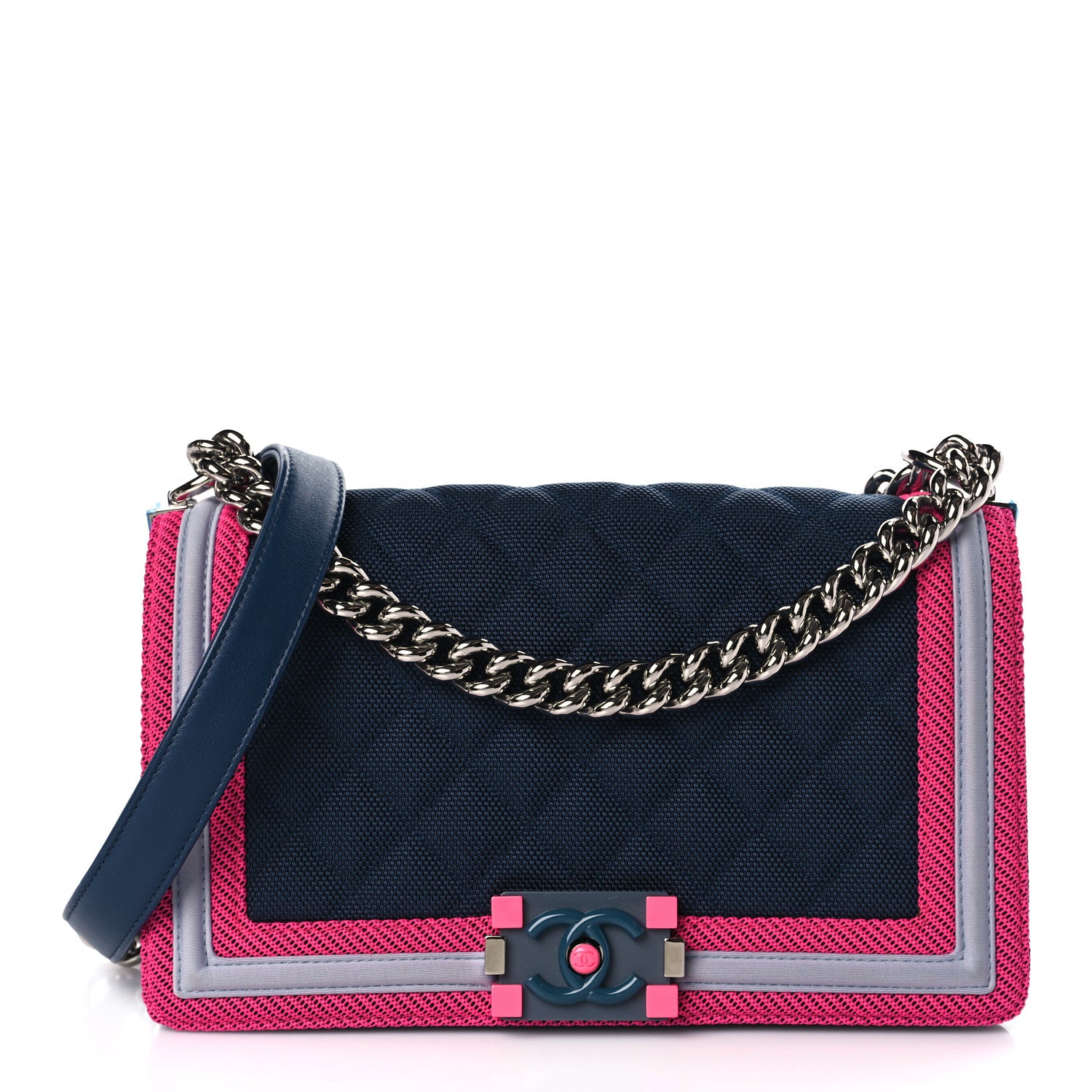 Chanel Canvas Quilted Medium Fluo Boy Flap Dark Navy Fuchsia Grey 1 of 9