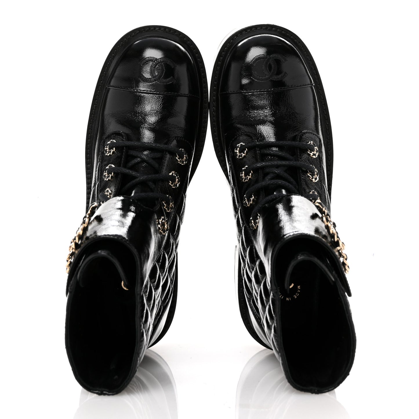 Shiny Lambskin Quilted Lace Up Combat Boots 37.5 Black
