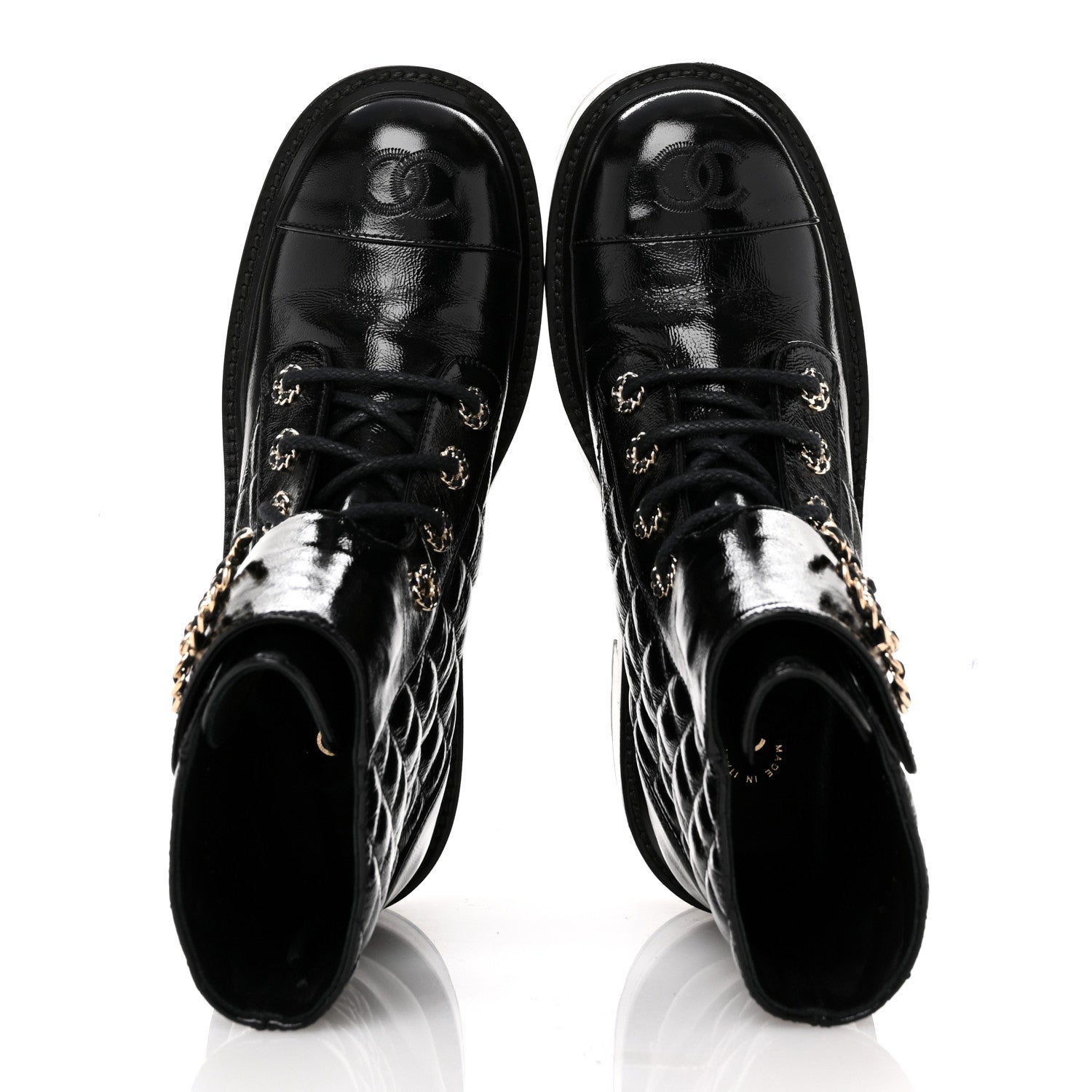 Chanel Shiny Lambskin Quilted Lace Up Combat Boots 37.5 Black 2 of 10
