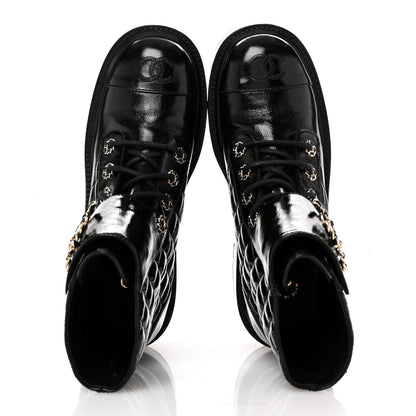 Chanel Shiny Lambskin Quilted Lace Up Combat Boots 37.5 Black 2 of 10