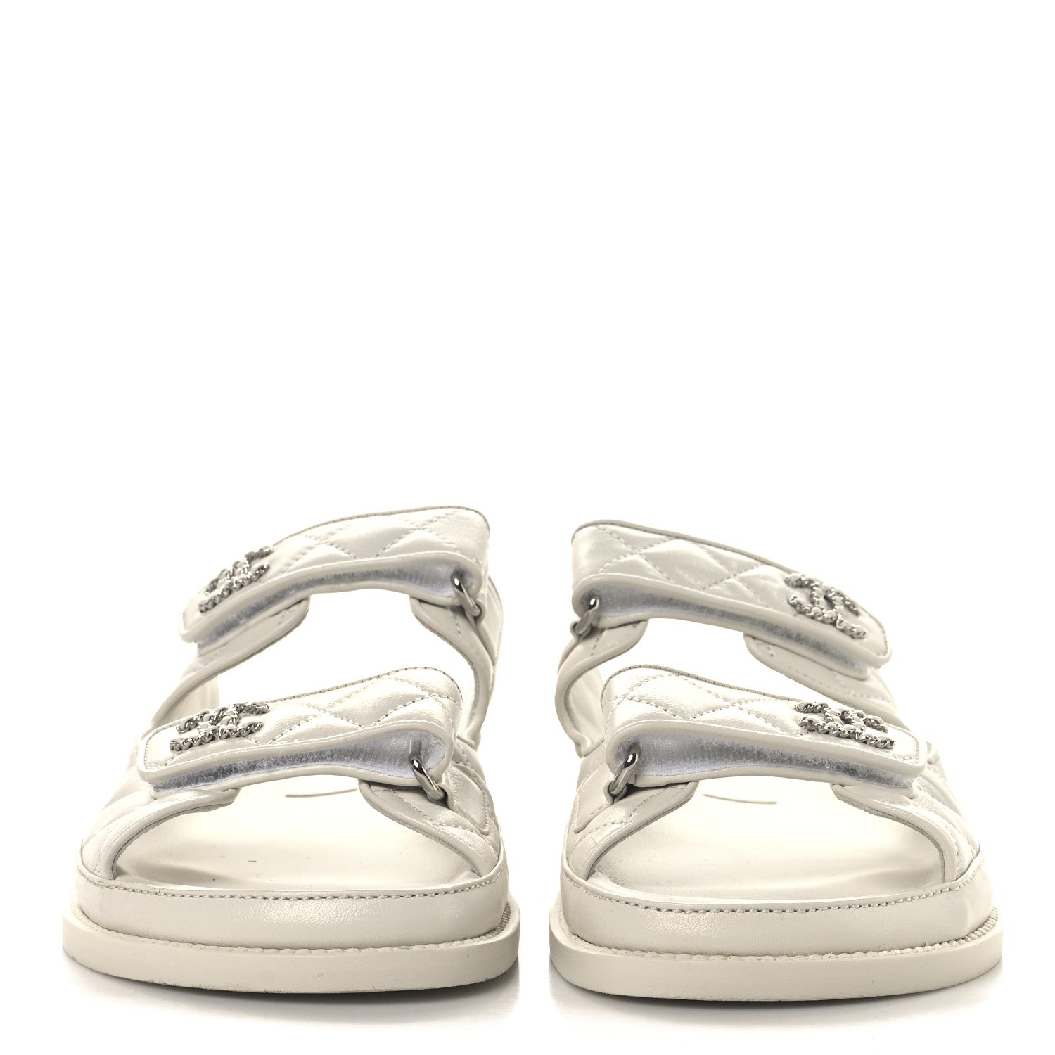 Chanel Lambskin Quilted Velcro Dad Chain CC Slide Sandals 38 White 3 of 9