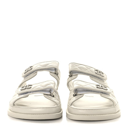 Chanel Lambskin Quilted Velcro Dad Chain CC Slide Sandals 38 White 3 of 9