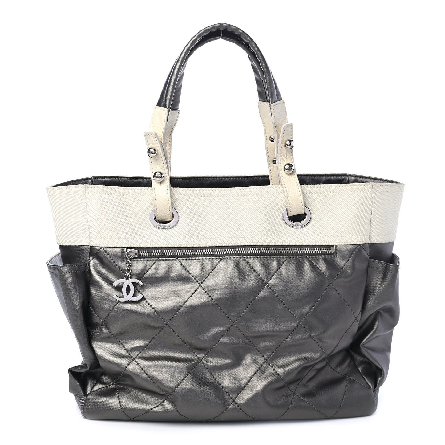 Coated Canvas Quilted Large Paris Biarritz Tote Silver