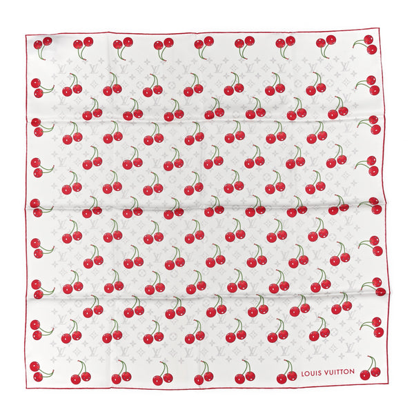 Louis Vuitton シルクスカーフ 赤白花柄 Louis Vuitton LV X TM Silk Monogram Cerises Square Scarf 90 White