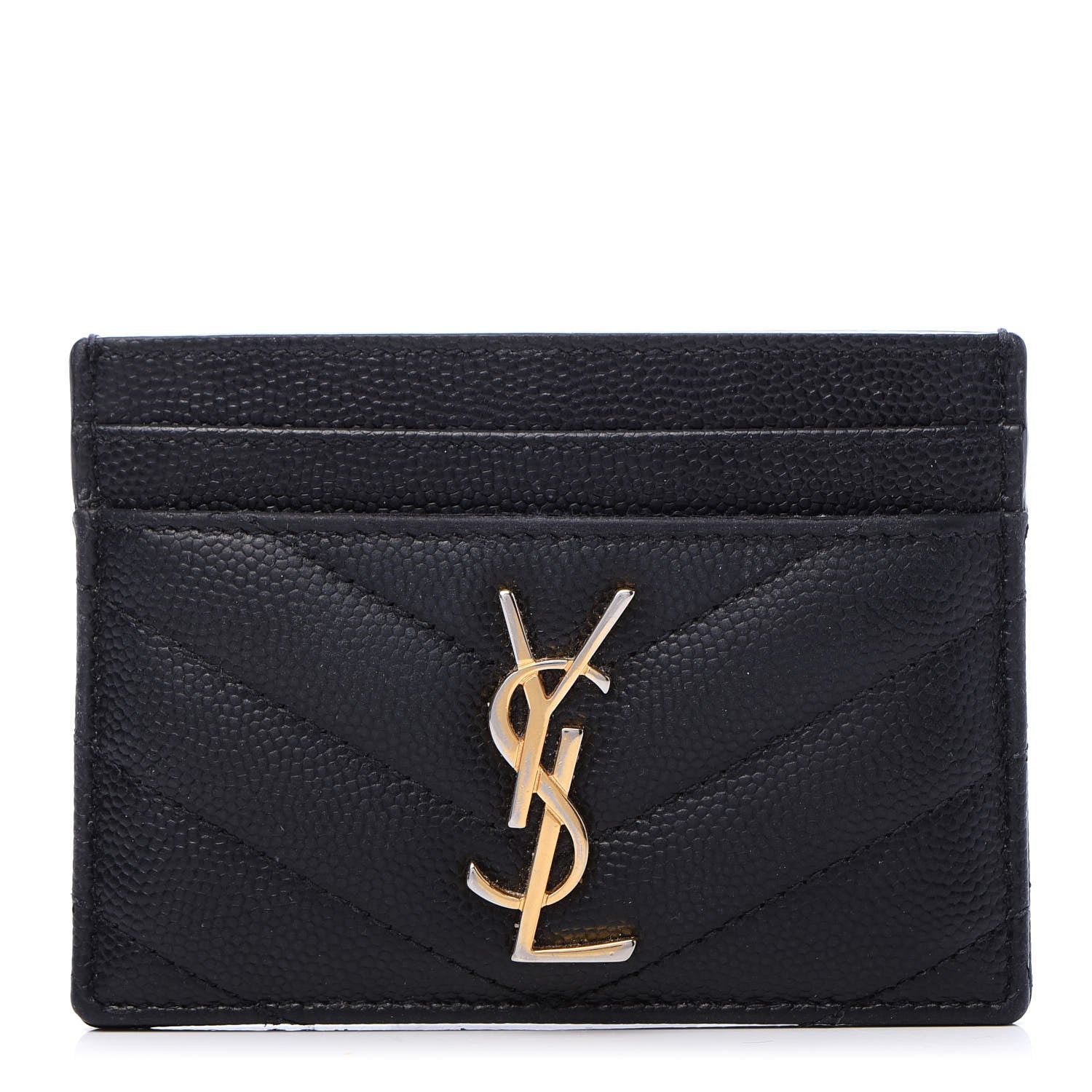 Saint Laurent Grain De Poudre Matelasse Chevron Monogram Credit Card Case Black 1 of 10