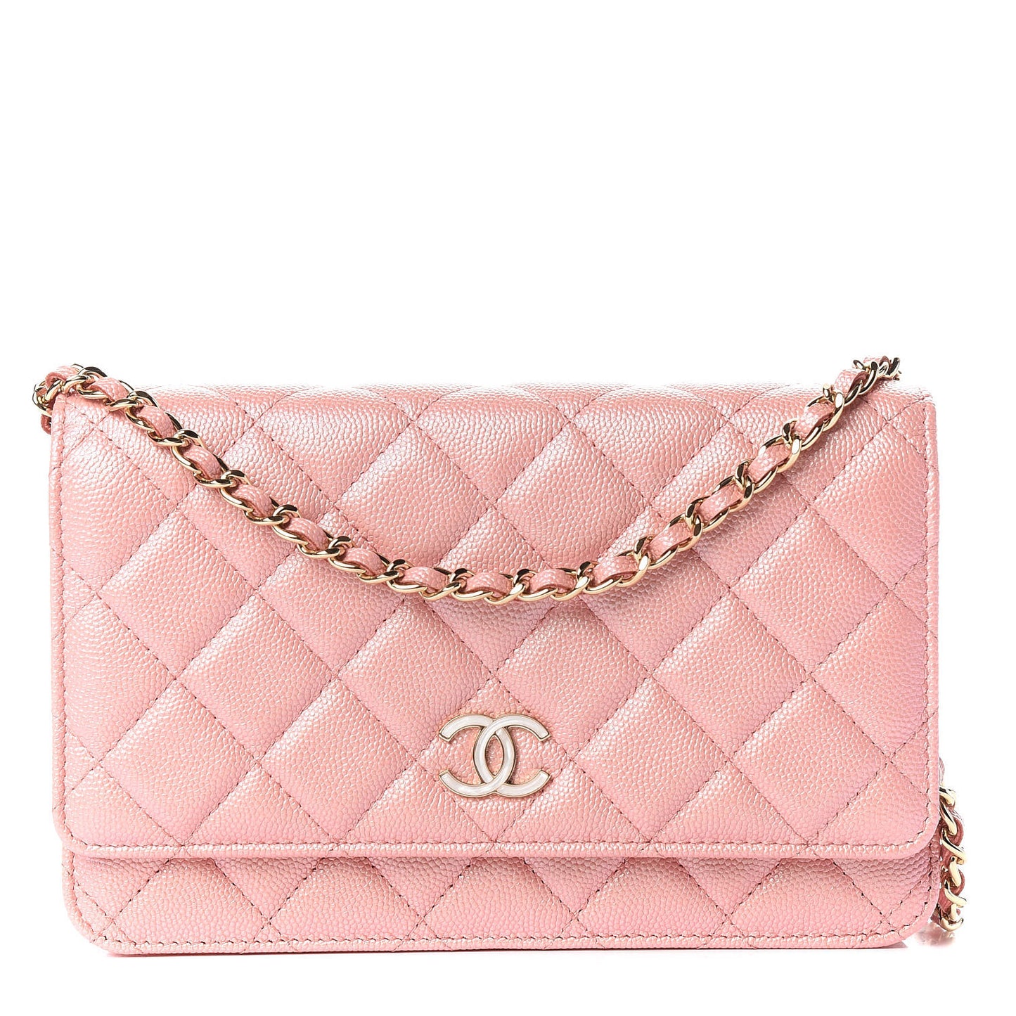 Iridescent Caviar Quilted Wallet on Chain WOC Rose Pink