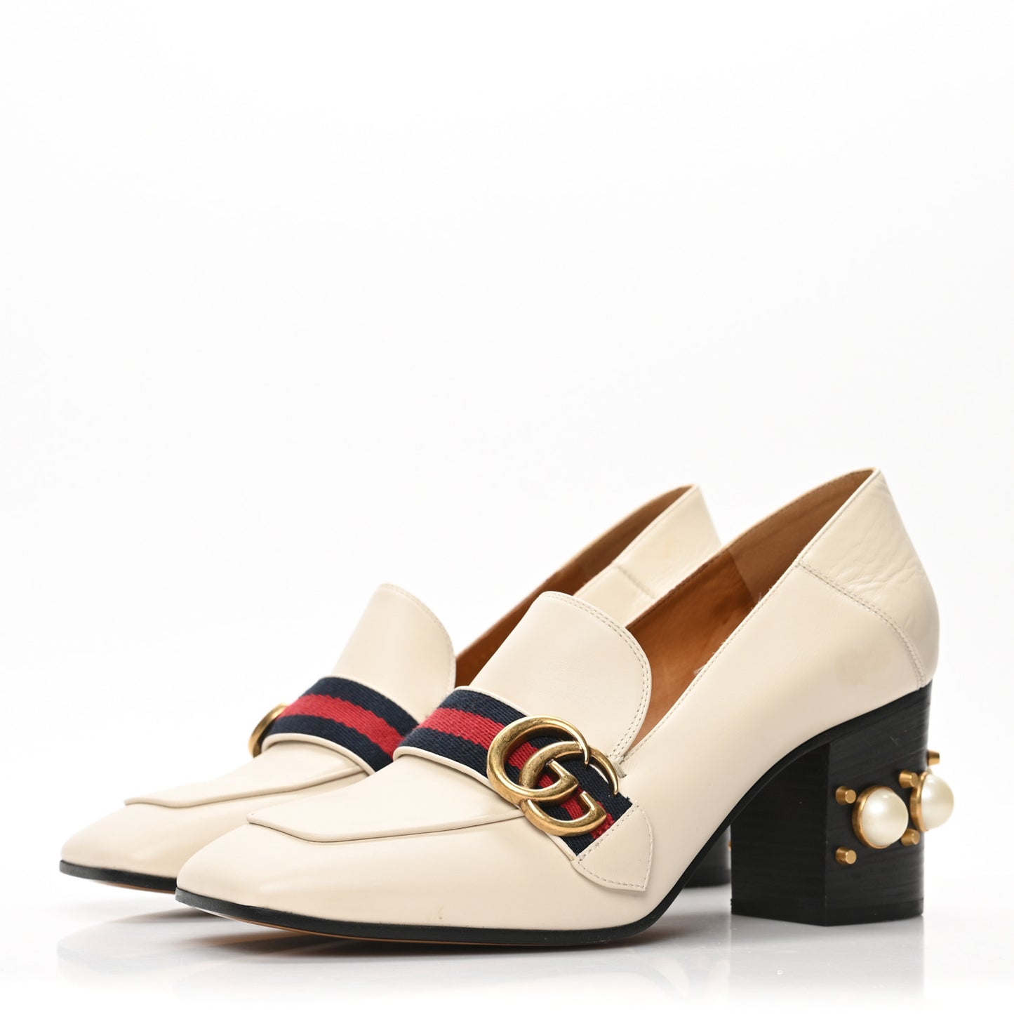 Betis Glamour Calfskin Web Pearl Embellished Peyton 75mm Loafer Pumps 40 Mystic White