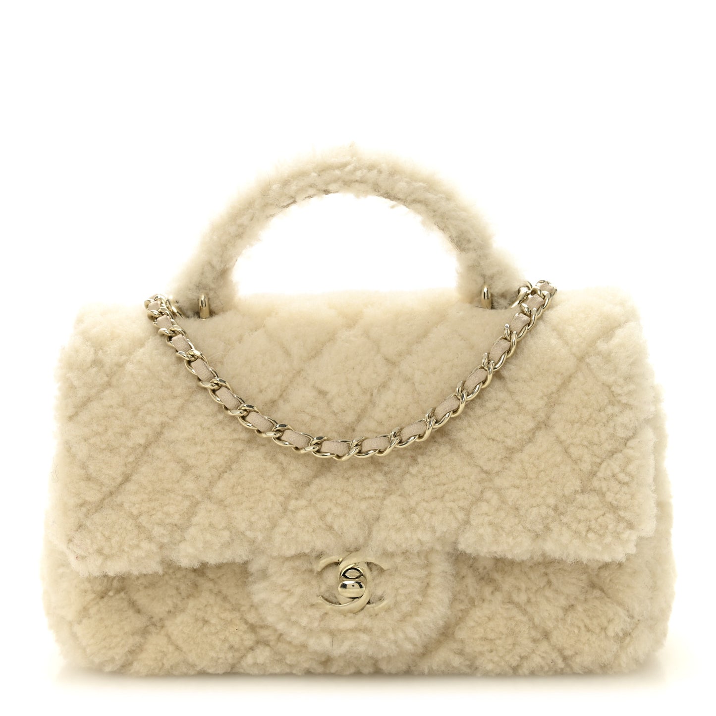Shearling Quilted Mini Top Handle Rectangular Flap Ecru