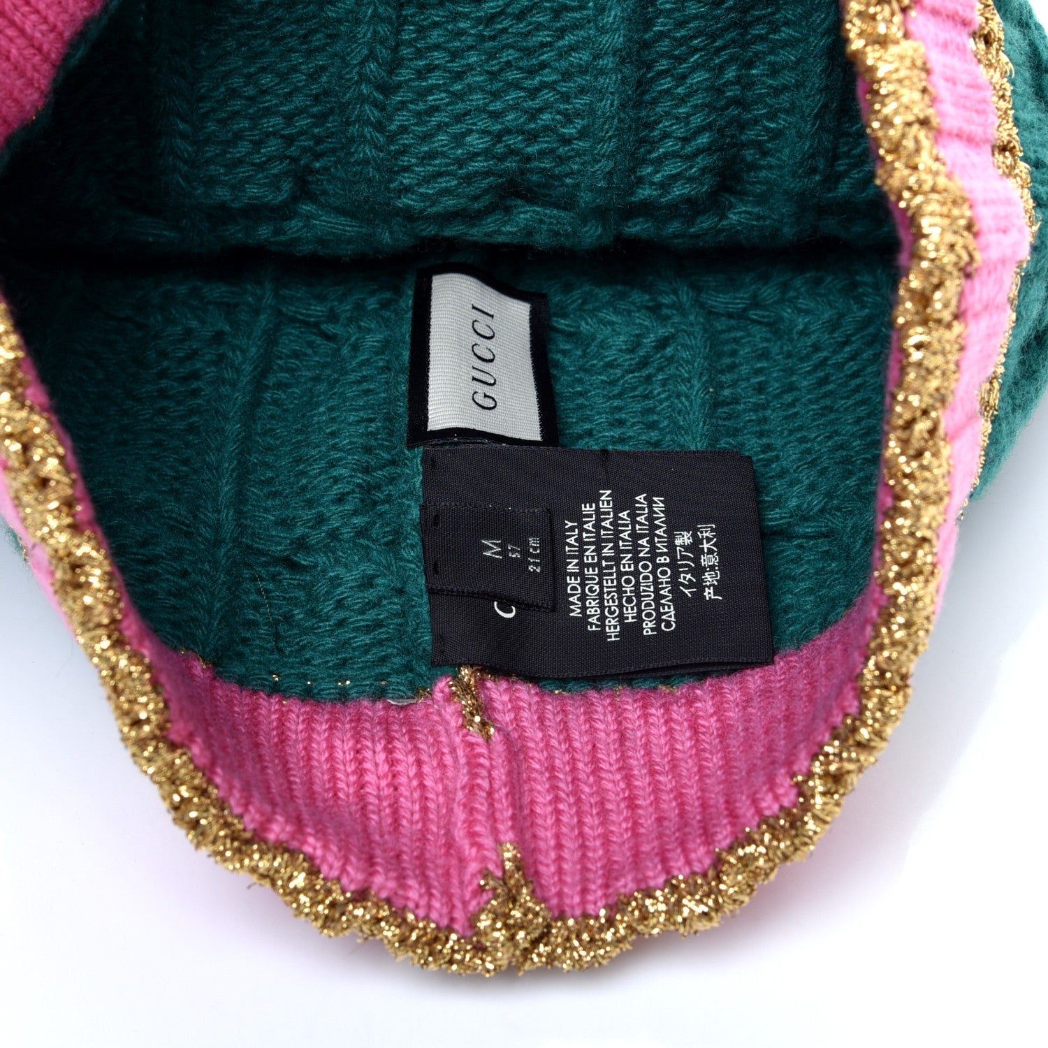Gucci Wool Cashmere Polyamide Cable Knit Bonhate Beanie Hat M Grass Green Pink 4 of 4