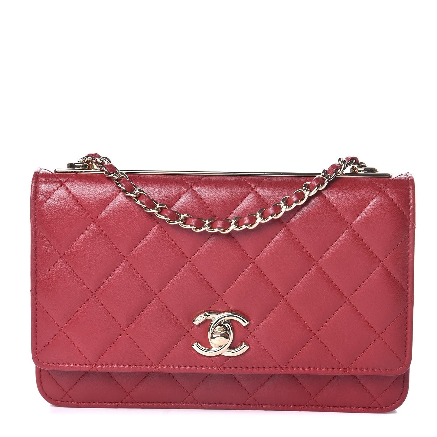 Lambskin Quilted Trendy CC Wallet On Chain WOC Dark Red