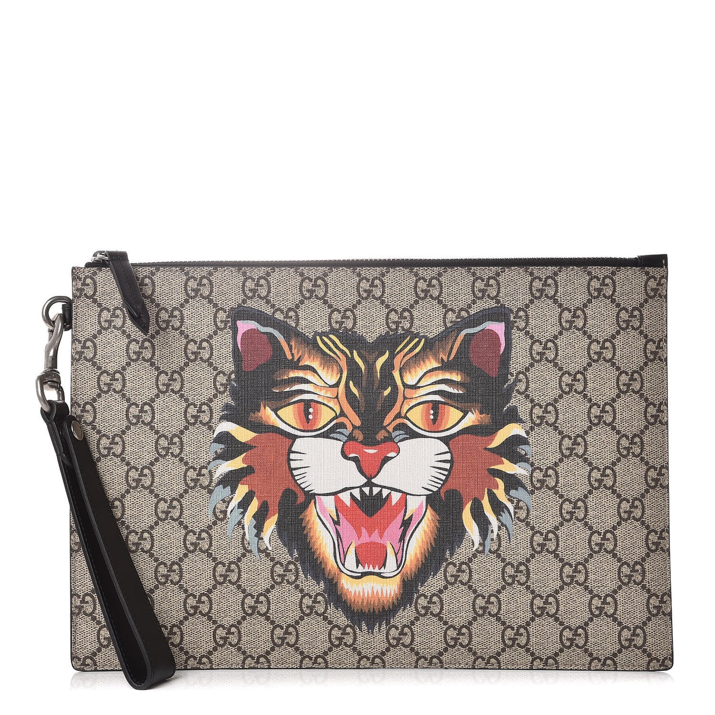 GG Supreme Monogram Angry Cat Large Zip Wristlet Pouch Beige Brown