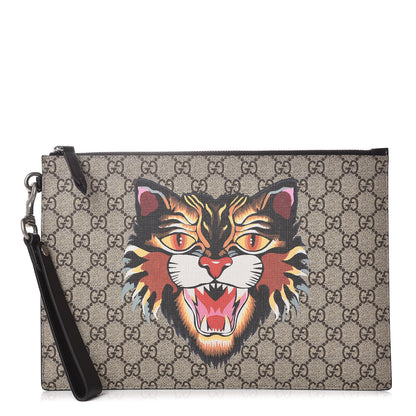 Gucci GG Supreme Monogram Angry Cat Large Zip Wristlet Pouch Beige Brown 1 of 8