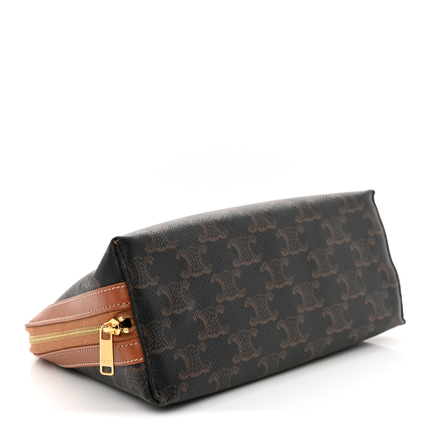 Celine Triomphe Canvas Calfskin Medium Cosmetic Pouch Tan 4 of 10